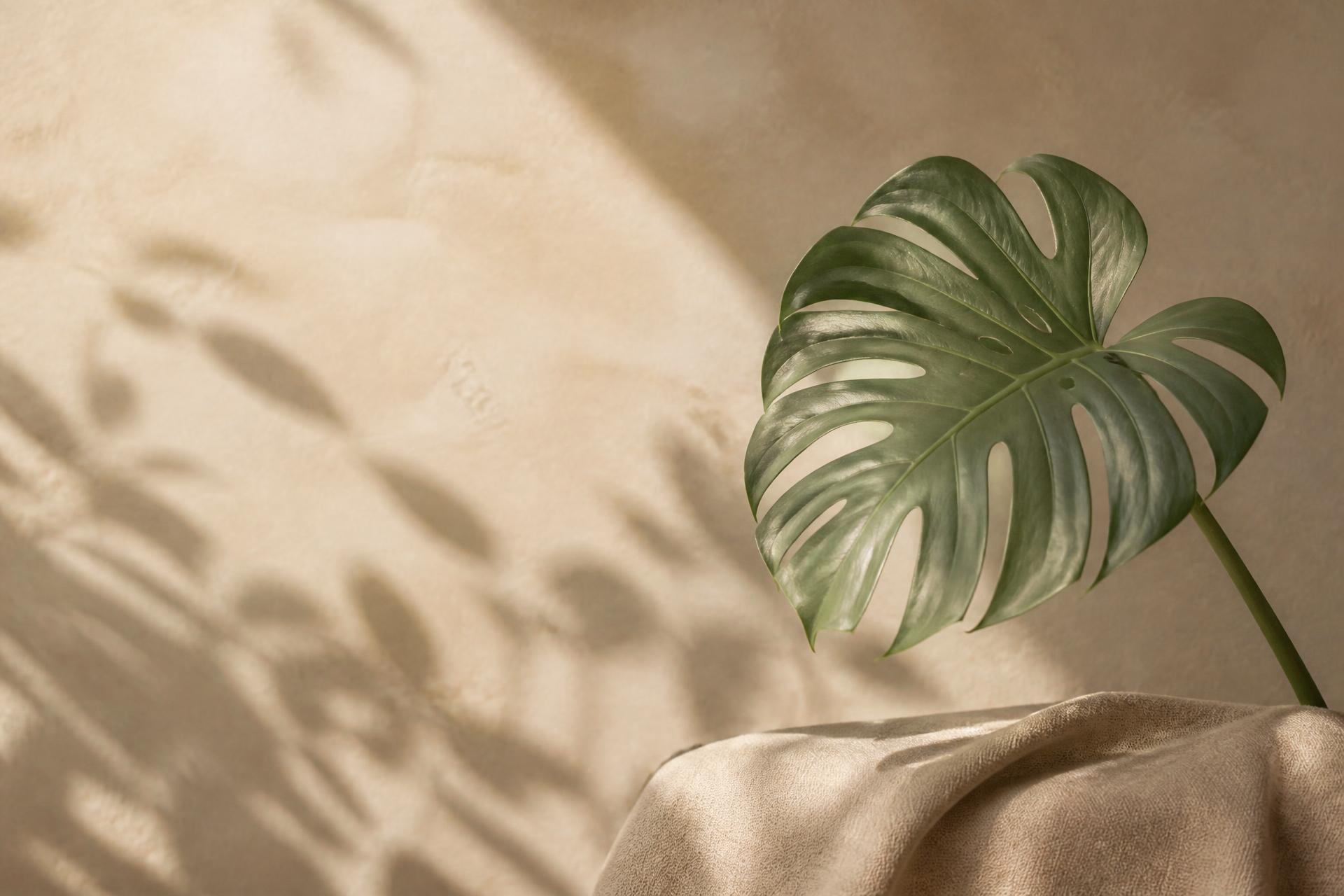 Grünes Monstera-Blatt in warmem Morgenlicht vor einer beigen Wand